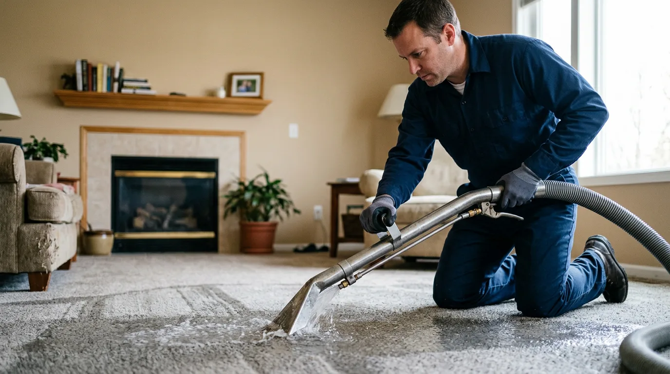Water damage restoration technician working near Brussels, IL